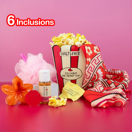 Soulflower You Make My Heart Pop Giftset — 6-piece Valentine's gift box with hair oil, loofah, claw clip, scarf and love note