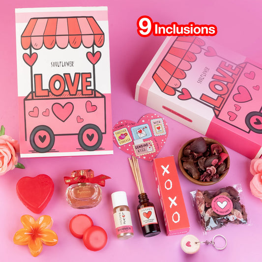 Soulflower Love Cart Giftset — 9-piece romantic Valentine's gift box with self-care and beauty essentials