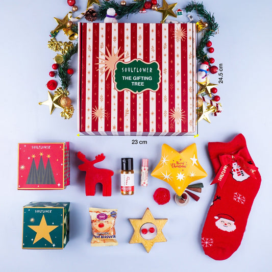 Soulflower Winter Bounty Box — Christmas gift hamper with rosemary mint hair oil, bath salt, candles, potpourri and Karachi biscuits