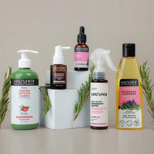 Soulflower 5X Rosemary Hair Growth Kit - Lavender Hair Oil, Rosemary Water Spray, Essential Oil, Redensyl Serum, Onion Shampoo