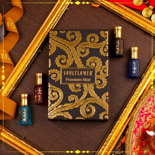 Premium Alcohol-Free Body Perfume Set, Long-Lasting Fragrance, Skin-Safe Unisex Parfum Gift Box by Soulflower, under ₹1000.