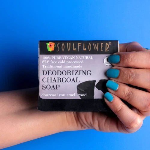 Soulflower Activated Charcoal Soap for pollution protection, detoxifies skin, fights pollution, handmade with natural oils