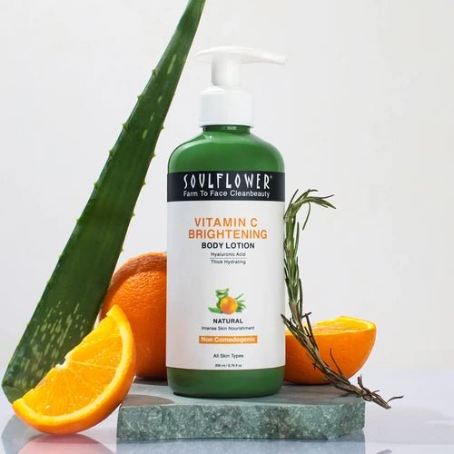 Soulflower Vitamin C Hyaluronic Acid Body Lotion, Brightening & Moisturising Lotion, Fades Dark Spots, Lightweight Non-Sticky
