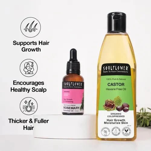 Castor Oil & Rosemary Essential Oil Duo by Soulflower for Hair Regrowth, Hair Fall, Thickness & Eyebrow Growth, Cold-Pressed, Natural, Vegan