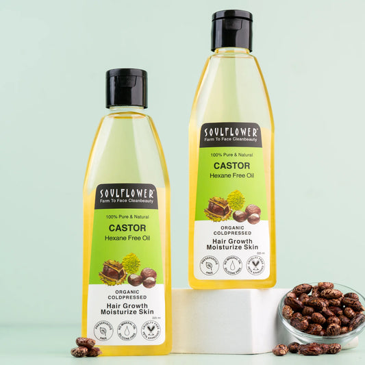 Castor Oil Pack of 2 by Soulflower for Hair Growth, Hair Fall, Eyebrows, Eyelashes & Dry Skin, Cold-Pressed Arandi Tel, Organic, Natural, Vegan
