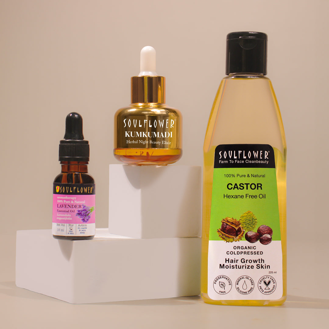 Set of kumkumadi elixir, lavender essential oil with castor oil