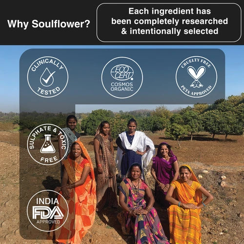 Group of rural women in a field featured in a Soulflower Epsom Bath Salt banner, highlighting certifications like clinically tested, COSMOS organic, cruelty-free, sulphate and toxic-free, and India FDA approved.