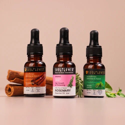 Pack of 3 Essential Oils by Soulflower—Cinnamon, Rosemary & Peppermint for Rapid Hair Growth, Hair Fall, Dandruff Control, Natural, Vegan