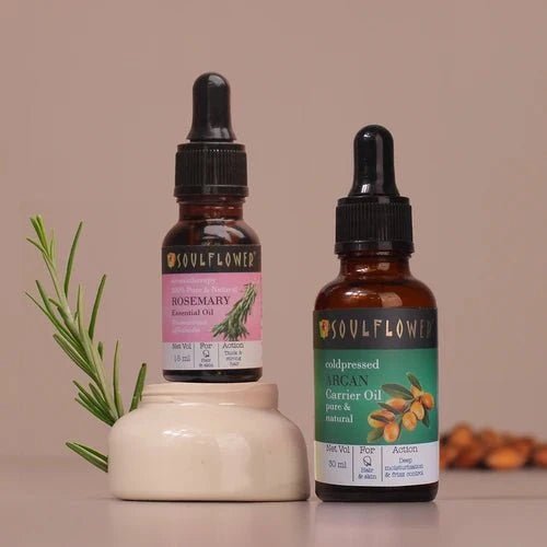 Soulflower Rosemary Essential Oil + Argan Carrier Oil Combo: Tames Frizz, Promotes Hair Growth & Controls Dryness Naturally