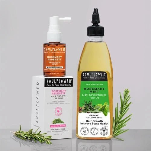 Soulflower Summer Hair Fall Control combo — Rosemary Mint Hair Oil and Rosemary Redensyl Serum for hair growth and anti-thinning