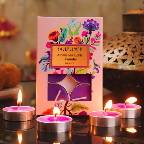 Soulflower Lavender T-Light Candles — hand-poured tea light set with 1.5 hour burn time and smoke-free lavender aroma