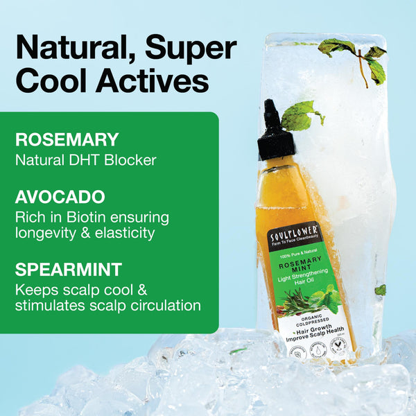 Rosemary Mint Hair Oil bottle placed on ice, highlighting natural ingredients: Rosemary as a DHT blocker, Avocado for biotin and elasticity, and Spearmint for cooling and scalp circulation.