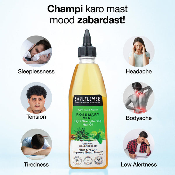Soulflower Rosemary Mint Hair Oil bottle surrounded by icons of people with sleeplessness, headache, tension, bodyache, tiredness, and low alertness, promoting stress relief and mood boost with champi.