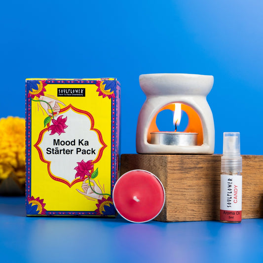 Mood ka Starter Pack – aroma diffuser, aroma oil and t-light candles gift box for festive home fragrance