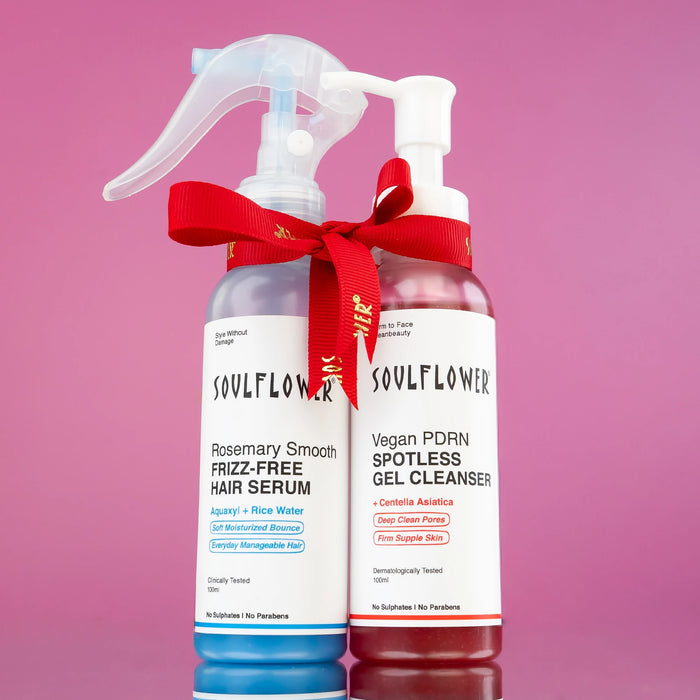 Soulflower Spotless + Anti-Frizz Treatment Duo — Vegan PDRN Face Gel and Rice Water Aquaxyl Hair Serum for clear skin and smooth hair