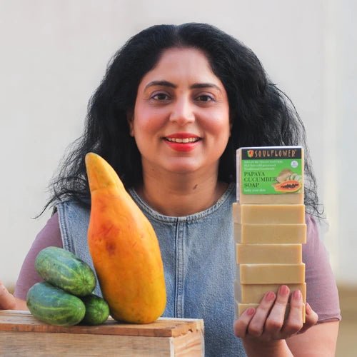 Soulflower Multani Mitti Papaya Cucumber Soap, fights acne and pimples, reduces pores, brightens skin, handmade natural soap