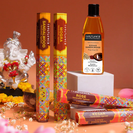 Soulflower Puja Oil and Luxury Agarbatti combo — kesar sandalwood diya oil with handcrafted incense sticks for daily worship