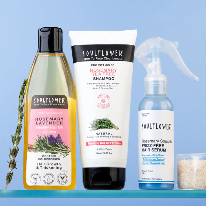 Soulflower 3X Anti-Thinning & Anti-Frizz Routine, Rosemary Lavender Oil + Tea Tree Shampoo + Smooth Hair Serum