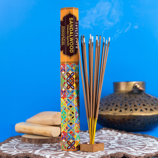 Soulflower Sandalwood Luxury Agarbatti: Hand-Crafted Chandan Incense Sticks for Pooja & Meditation, Charcoal-Free 30 Min Burn