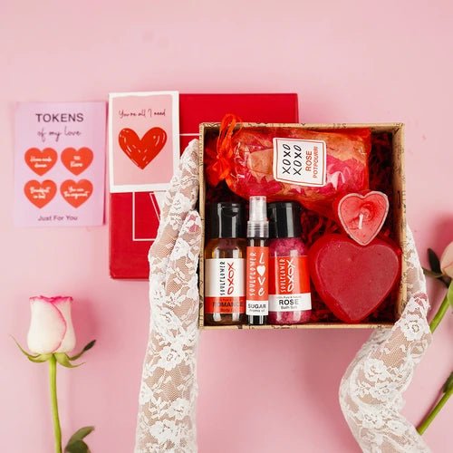 Raksha Bandhan gift box with body massage oil, rose soap, t-light candles and rose potpourri – 100% natural