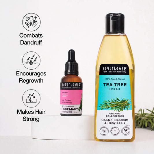 Rosemary & Tea Tree Oil Combo by Soulflower for Dandruff-Free Hair Growth, Hair Fall, Regrowth & Strong Hair, Cold-Pressed, Natural, Vegan, Men & Women