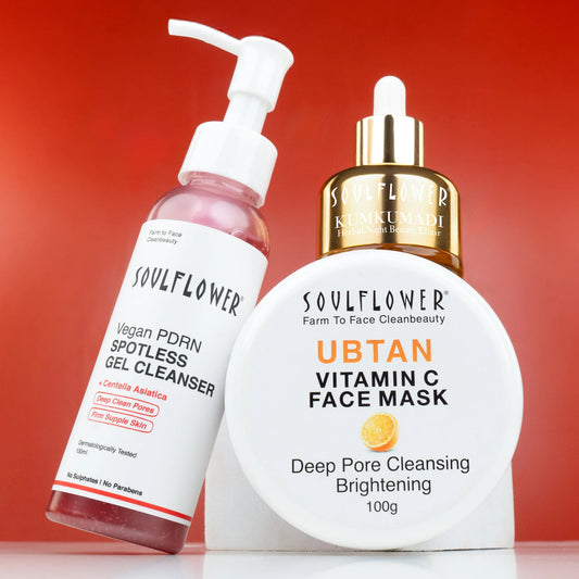 Soulflower Advanced De-Pigmentation Treatment — Vegan PDRN cleanser, Kumkumadi oil and Ubtan face mask for even-toned skin