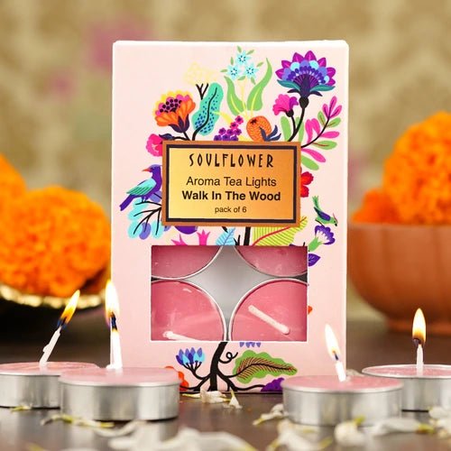 Soulflower Walk In the Wood T-Light Candles — hand-poured tea light set with 1.5 hour burn time and earthy woody aroma