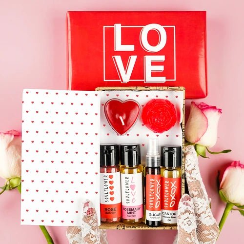 Rakhi gift box with castor oil, rosemary mint, rose bath salt, aroma oil and candles – 100% natural hamper