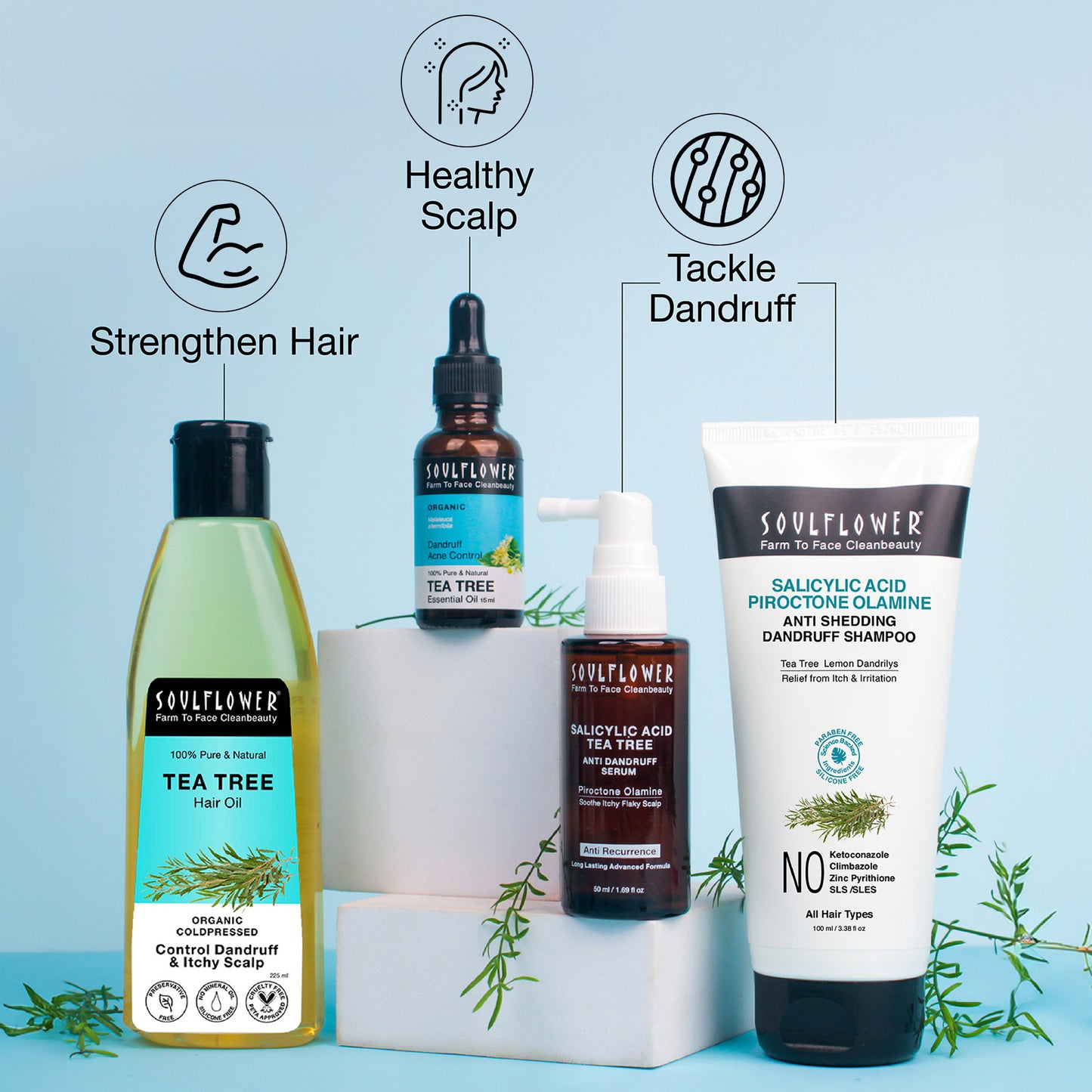 Complete Soulflower Anti-Dandruff Routine with scalp oil, essential oil, shampoo, and serum to eliminate dandruff, control hair fall, and support hair regrowth.