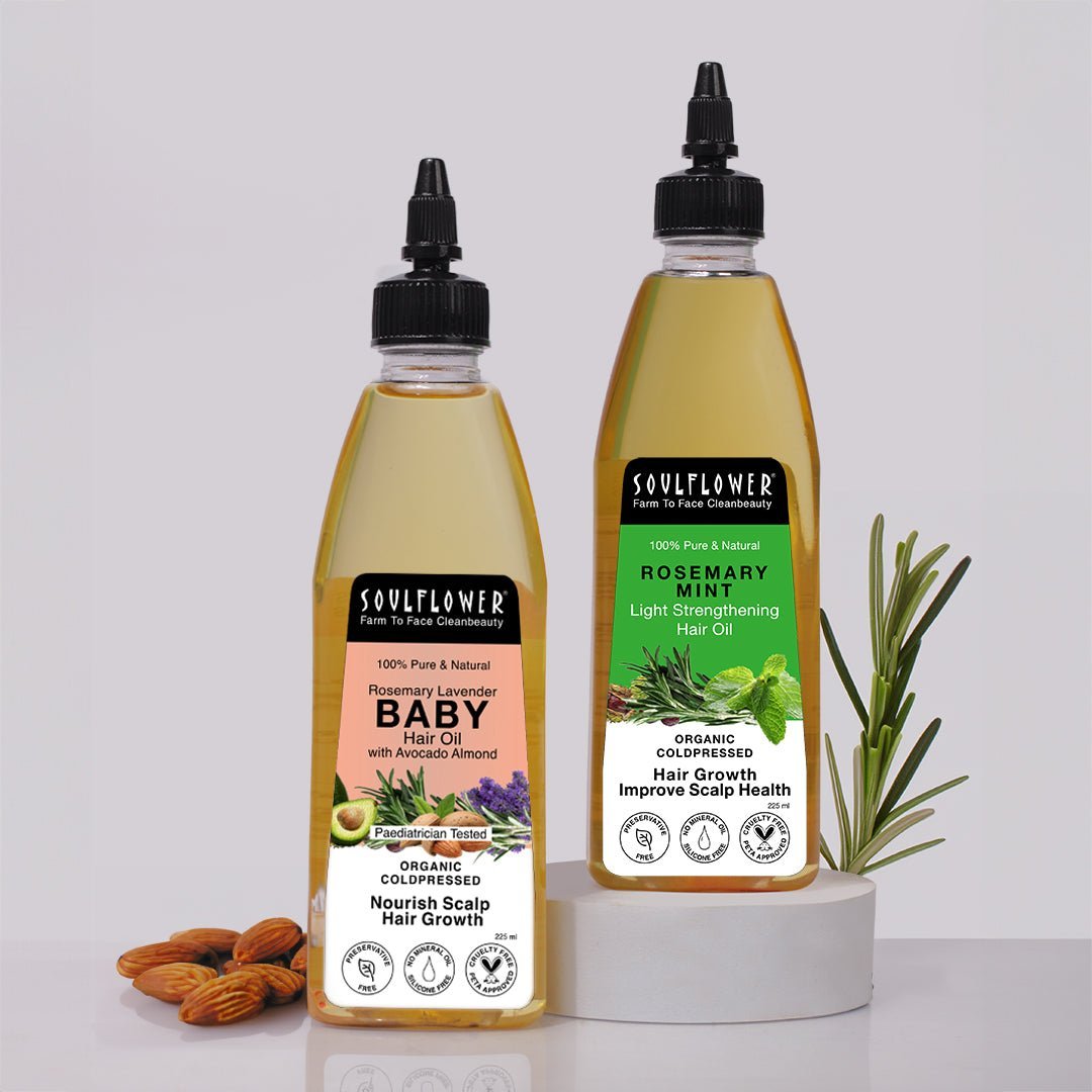 Soulflower Rosemary Mint Light Hair Oil and Rosemary Baby Hair Oil combo — gentle hair growth duo for moms and babies