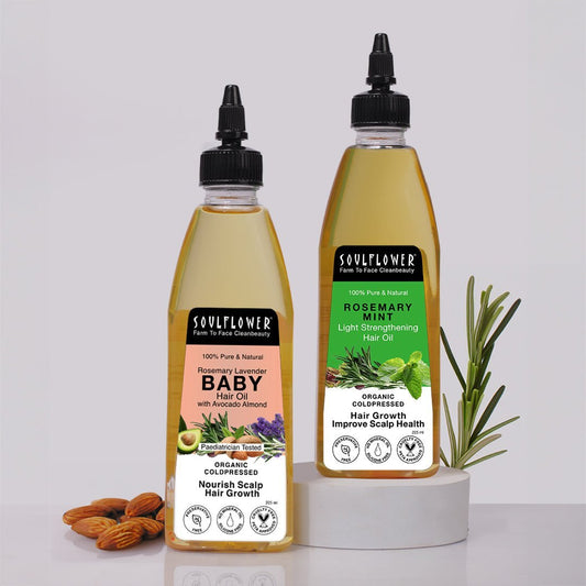Soulflower Rosemary Mint Light Hair Oil and Rosemary Baby Hair Oil combo — gentle hair growth duo for moms and babies