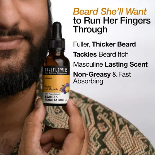Soulflower Beard & Moustache Oil benefits include thicker beard growth, reduced patchiness, itch relief, flake control, and a bold citrus-earthy scent for all-day freshness.