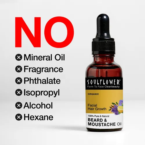 Soulflower Beard & Moustache Oil contains no parabens, sulfates, mineral oil, or synthetic fragrance—only clean, safe, natural ingredients for healthy beard care.