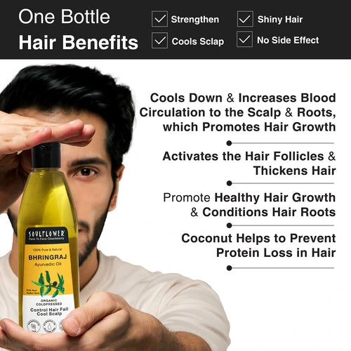 Benefits of Bhringraj Hair Oil include stronger roots, reduced hair fall, improved thickness, and a cooling effect on the scalp.