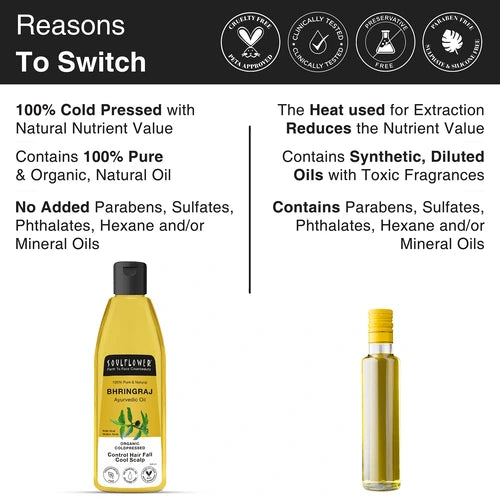 Reasons to switch to Bhringraj Hair Oil: enriched with real herbs, cold-pressed oils, FDA approved, non-sticky formula, and visible results in hair strength and thickness.