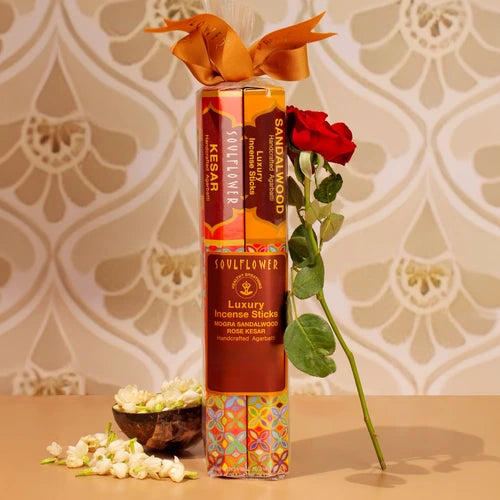 Combo pack of luxury incense sticks featuring a variety of handcrafted fragrances including Kesar, Chandan, Rose, Mogra, Lemongrass, and Lavender perfect for puja, meditation, and daily use.