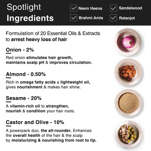 Infused with 20 essential oils and extracts like onion, amla, and herbs, this hair oil is preservative-free and naturally nourishing.