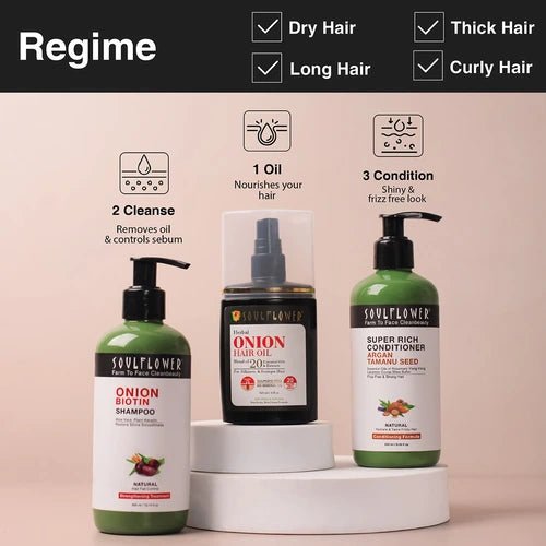 Daily hair care regime featuring Onion Amla Hair Oil—apply, massage, and leave in for deep nourishment and reduced hair fall.