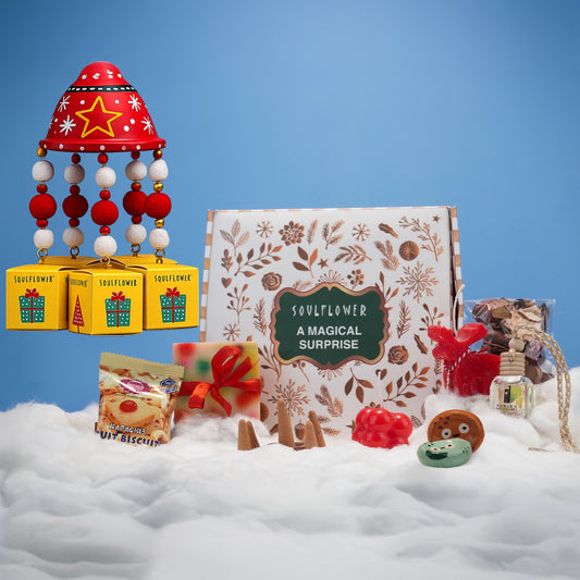 Soulflower Magical Surprise Box—Christmas gift hamper with scented dhoop cones, chime, worry stones, candles, socks and biscuits