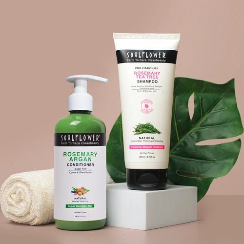 Soulflower Rosemary Hair Care Combo, Rosemary Tea Tree Shampoo + Rosemary Argan Conditioner, Anti-Hair Fall & Frizz-Free