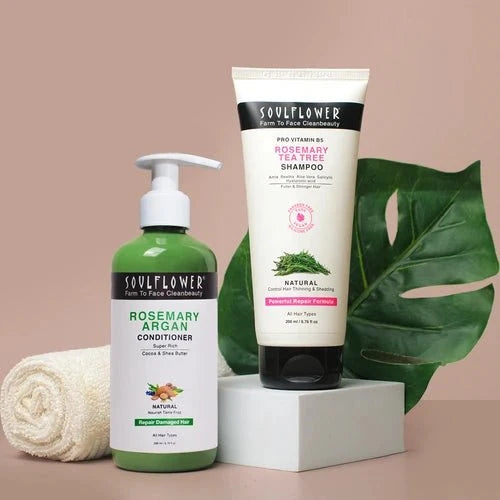 Soulflower Rosemary Hair Care Combo, Rosemary Tea Tree Shampoo + Rosemary Argan Conditioner, Anti-Hair Fall & Frizz-Free