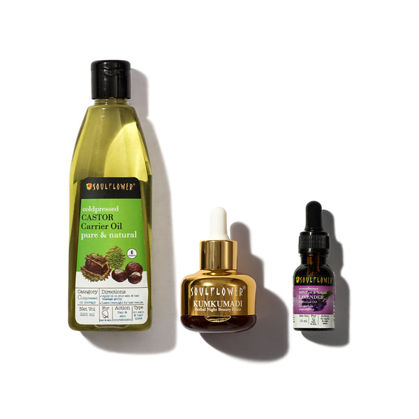 Set of kumkumadi elixir, lavender essential oil with castor oil
