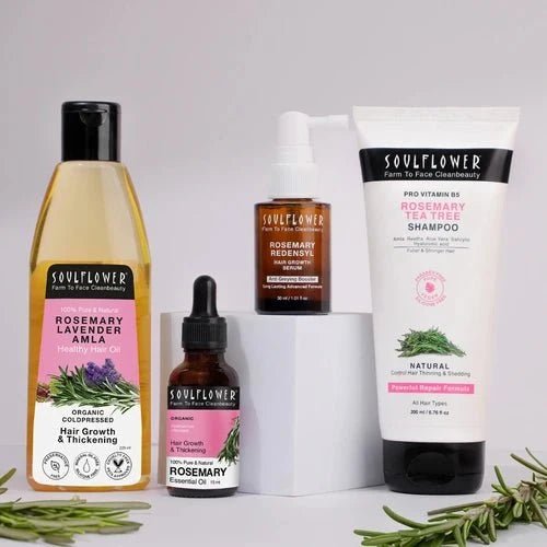 4X Rosemary Booster Kit by Soulflower with Lavender Amla Oil, Rosemary Essential Oil, Redensyl Serum & Tea Tree Shampoo for Hair Fall & Growth