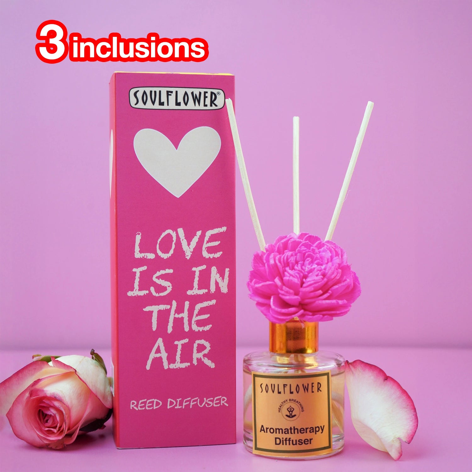 Soulflower Love Is In The Air Reed Diffuser set with 3 inclusions—romantic floral home fragrance for date nights and Valentine's gifting