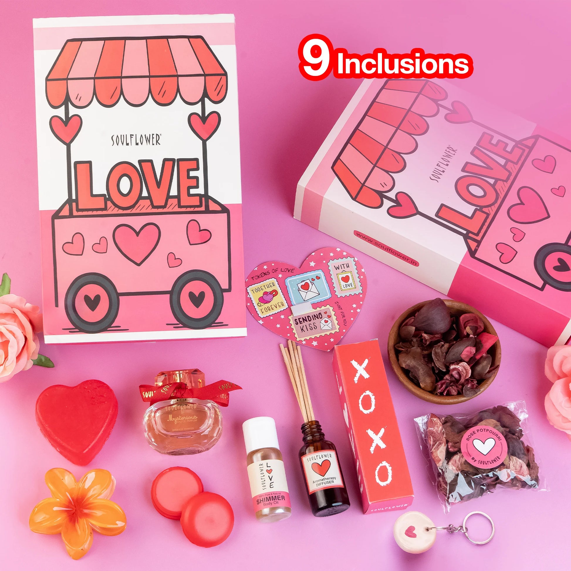 Soulflower Love Cart Giftset — 9-piece romantic Valentine's gift box with self-care and beauty essentials