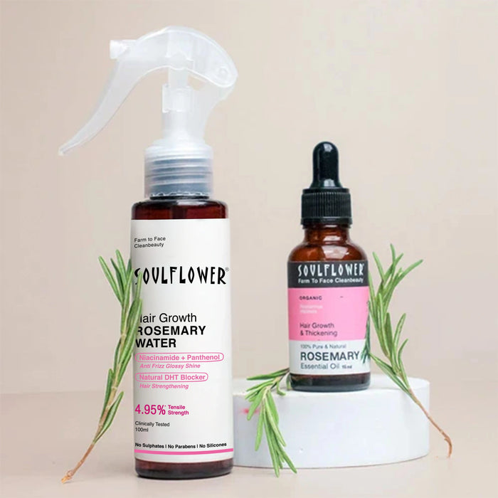 Rosemary Essential Oil & Water Spray Combo by Soulflower for Hair Growth, Hair Fall, Regrowth & Scalp Health, Natural, Vegan, Men & Women