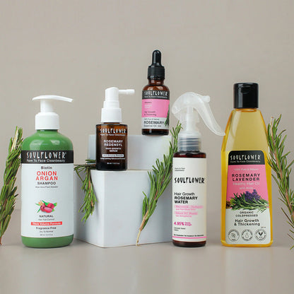 Soulflower 5X Rosemary Hair Growth Kit - Lavender Hair Oil, Rosemary Water Spray, Essential Oil, Redensyl Serum, Onion Shampoo