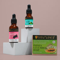 best acne control regime for oily skin. papaya cucumber soap, grapeseed carrier oil and tea tree essential oil.