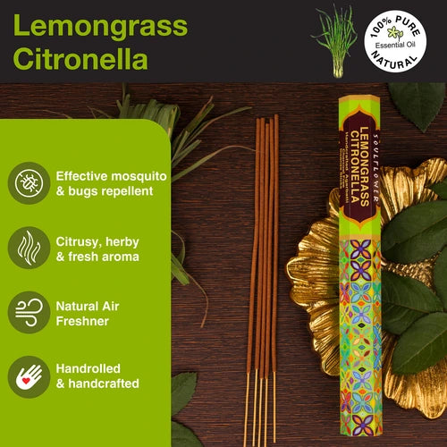 Soulflower Lemongrass Incense Sticks Box – Natural Citronella-Based Aromatherapy for Pooja, Meditation, and Mosquito Repellent.