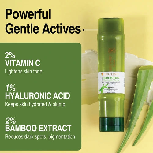Soulflower Aloe Vera Bamboo Hyaluronic Acid Body Lotion bottle with key ingredients listed: 2% Vitamin C for skin tone, 1% Hyaluronic Acid for hydration, and 2% Bamboo Extract for reducing dark spots and pigmentation.